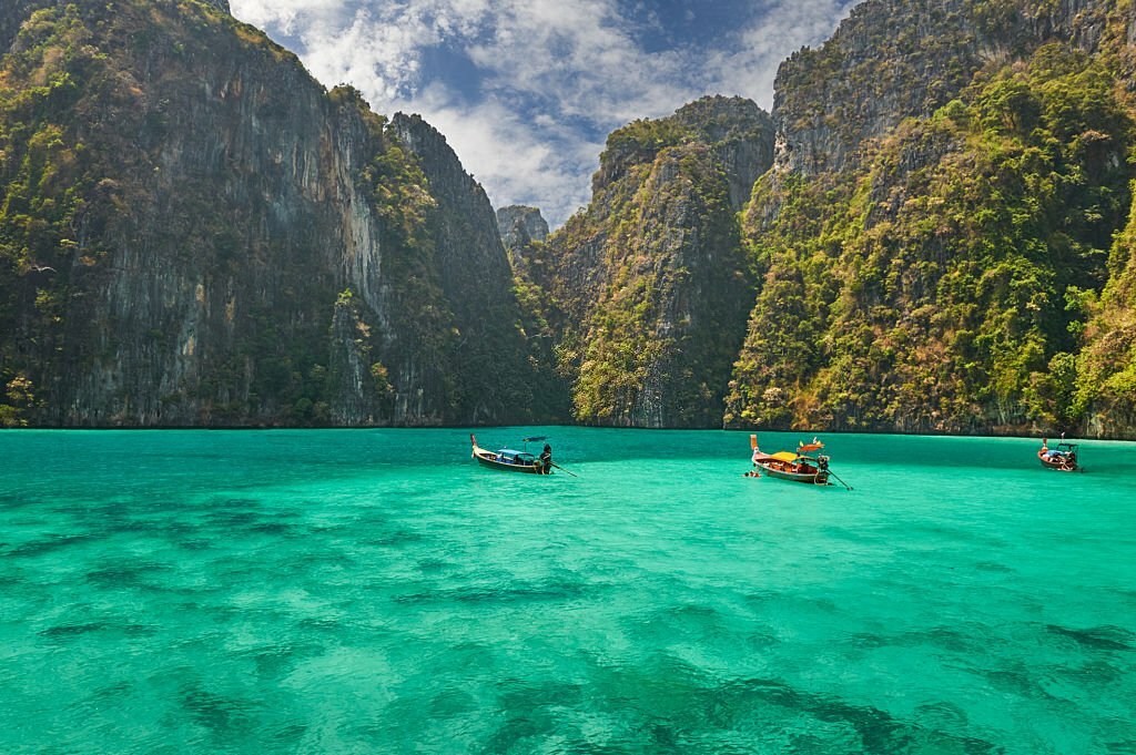 Travel vacation background - Tropical island with resorts - Phi-Phi island, Krabi Province, Thailand.