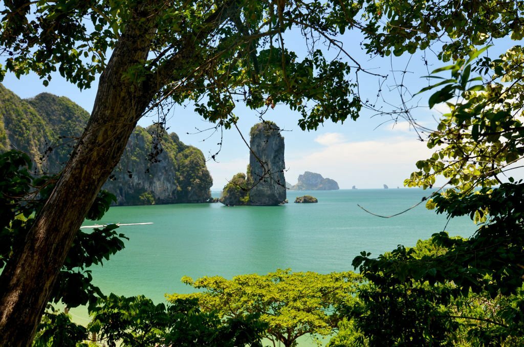 Island and sea. Thailand, Krabi Province, AO Nang. Beautiful view of an exotic tropical Bay and island and blue sea
