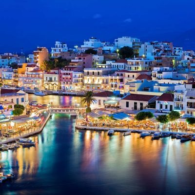 Agios Nikolaos at night. Crete, Greece. Agios Nikolaos is a picturesque town in the eastern part of the island Crete built on the northwest side of the peaceful bay of Mirabello.